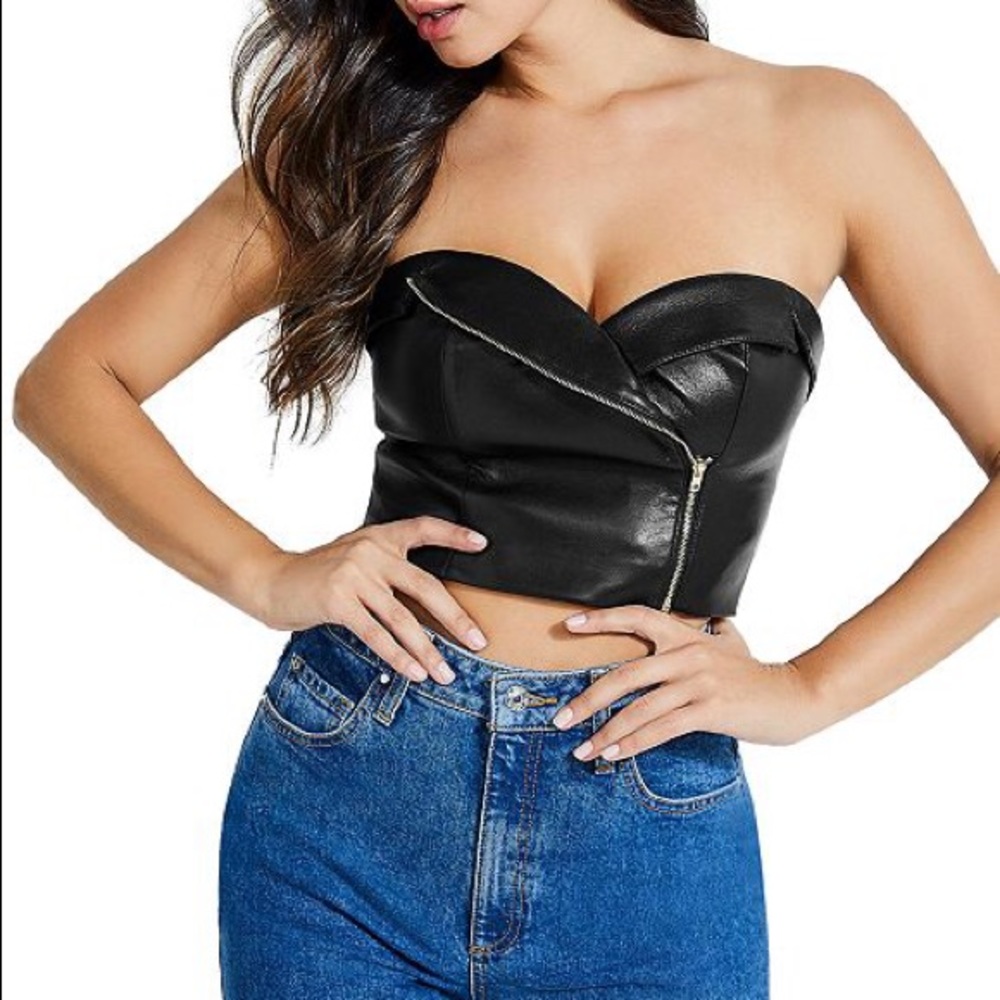 About to Donate! Strapless Faux-Leather Moto Top